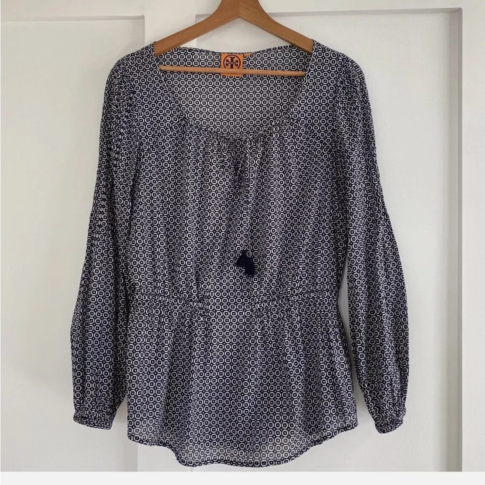 TORY BURCH Evelina Voile Tunic Blouse Top Navy Blue White Print
